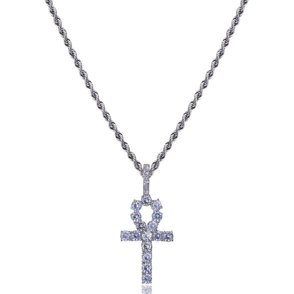 Micro Paved Zircon Hip Hop Anka Key Cross Hip Hop Pendant Necklace