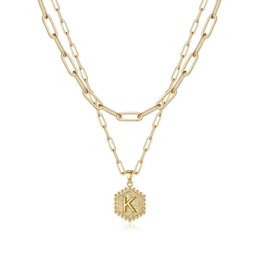 Double-layer 14K gold hexagon letter pendant double-sided sunflower necklace