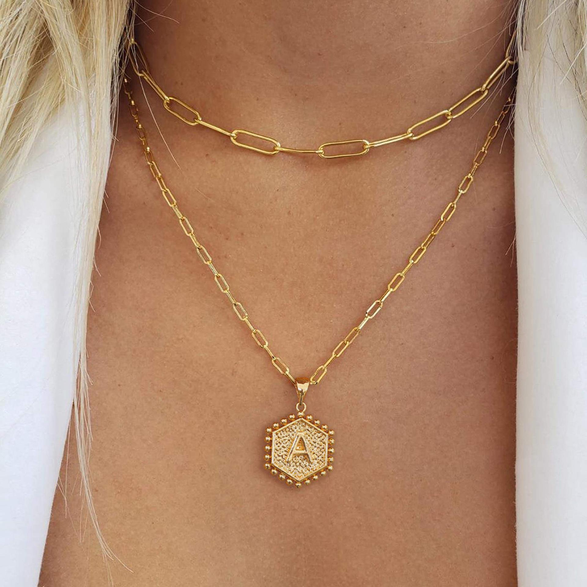 Double-layer 14K gold hexagon letter pendant double-sided sunflower necklace