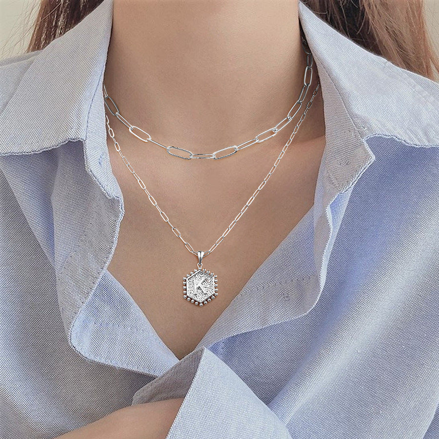 Double-layer 14K gold hexagon letter pendant double-sided sunflower necklace