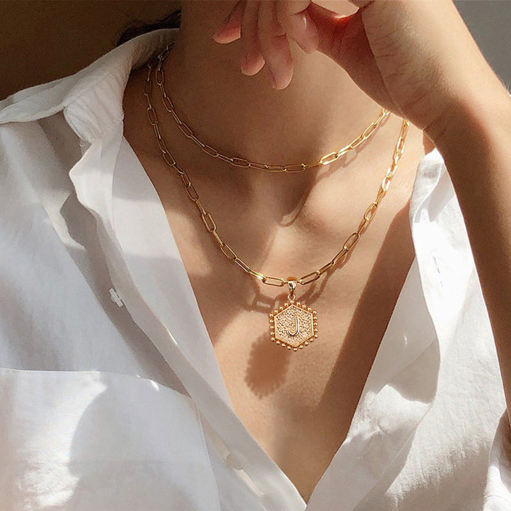 Double-layer 14K gold hexagon letter pendant double-sided sunflower necklace