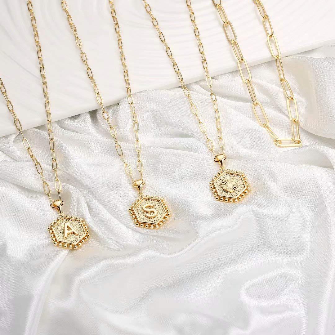 Double-layer 14K gold hexagon letter pendant double-sided sunflower necklace
