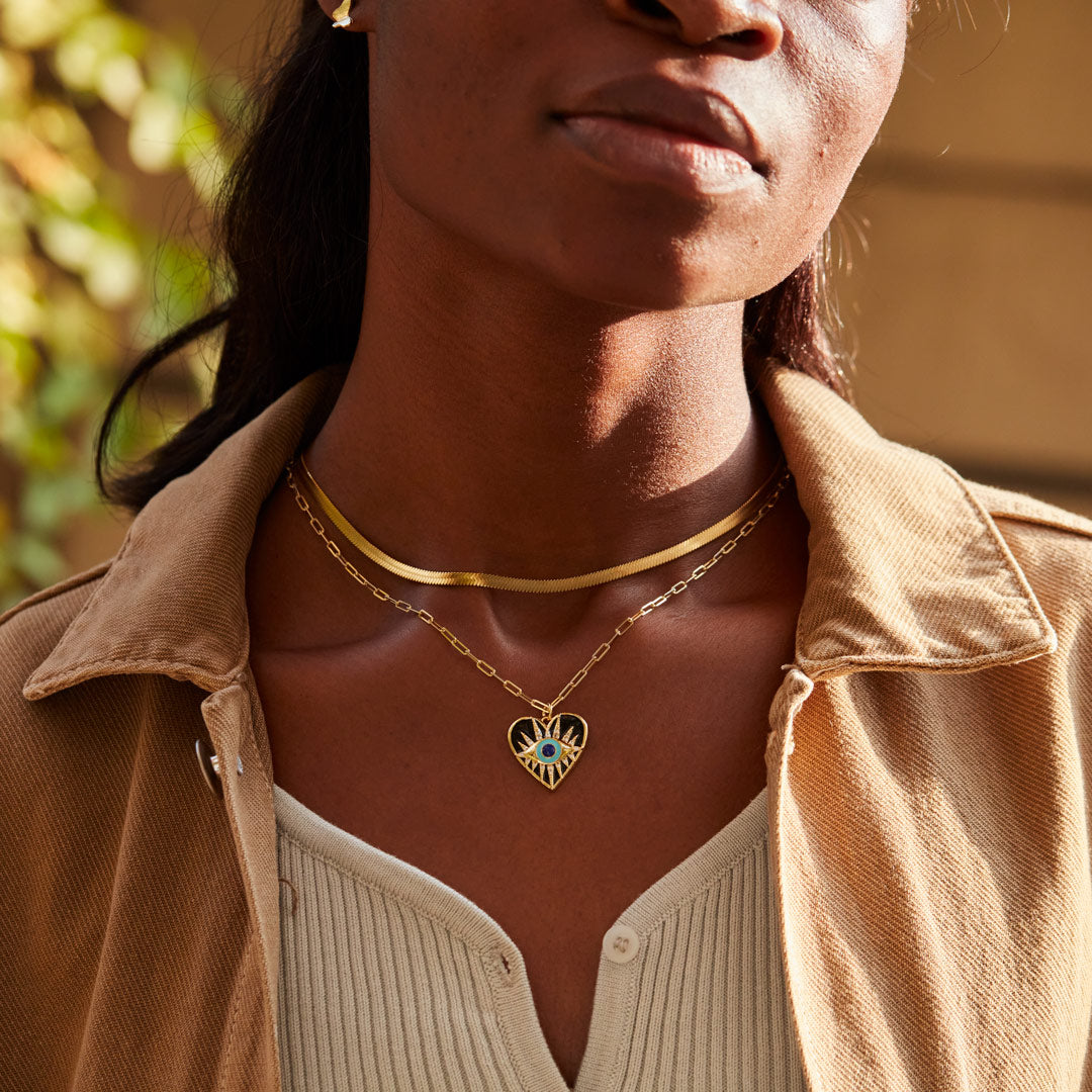 Enamel Heart Evil Eye Layered Necklace Set